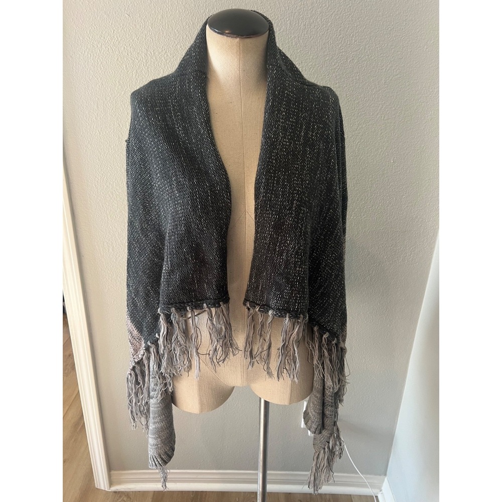 Knox Rose Women's M Open Front Cardigan Sweater Black Gray Fringe Metallic Boho